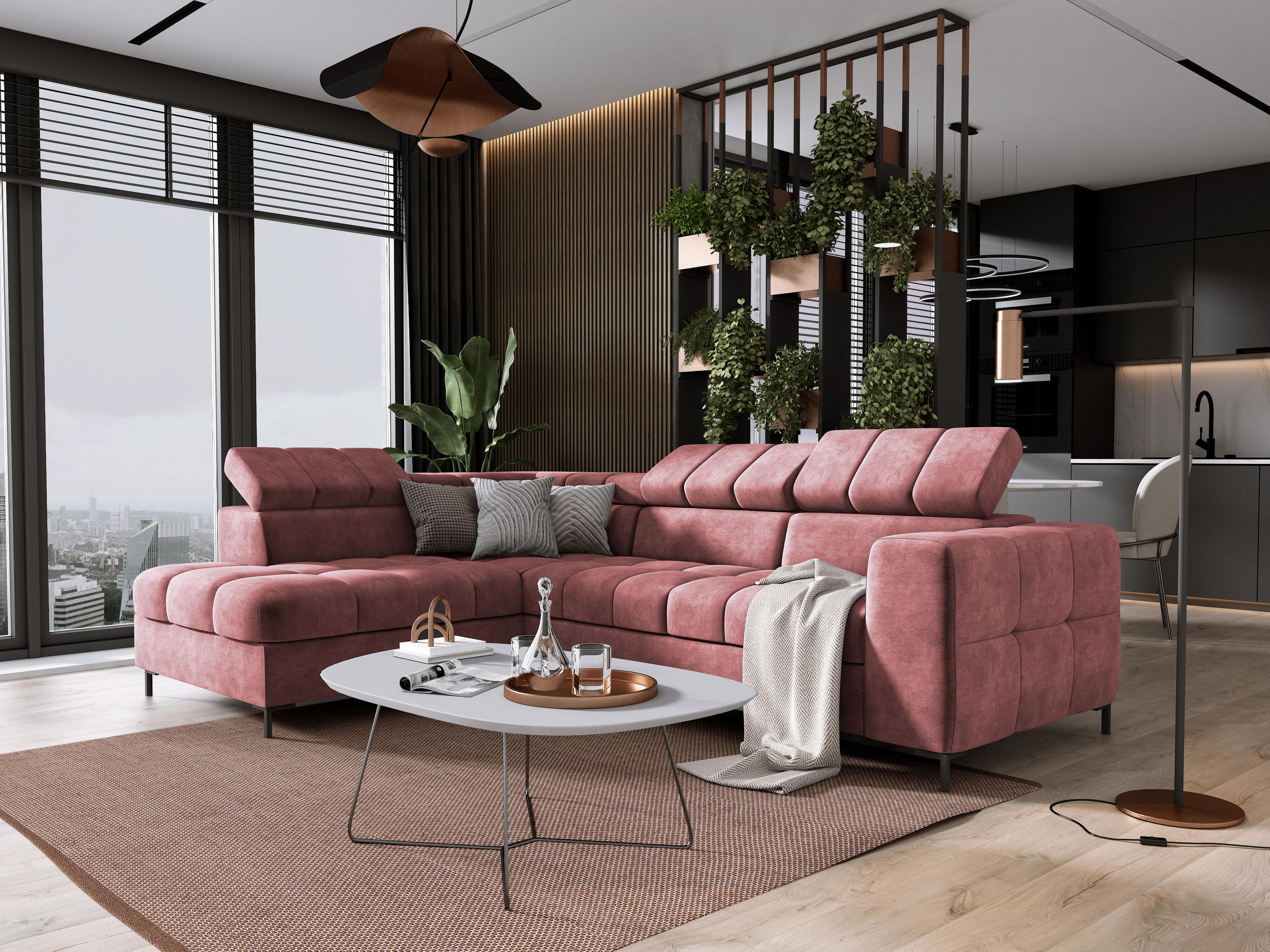 ECKSOFA PABLO CLOUD L‑förmig mit Bett, Bettkasten, verstellbaren Kopfstützen, weichen Metallfüßen, freistehend, LINKS, 201x270x97 cm Pink - Pink, Holz/Textil (201/270cm) - DomoHome