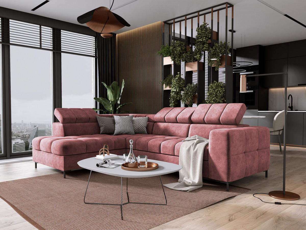 ECKSOFA PABLO CLOUD L‑förmig mit Bett, Bettkasten, verstellbaren Kopfstützen, weichen Metallfüßen, freistehend, LINKS, 201x270x97 cm Pink - Pink, Holz/Textil (201/270cm) - DomoHome