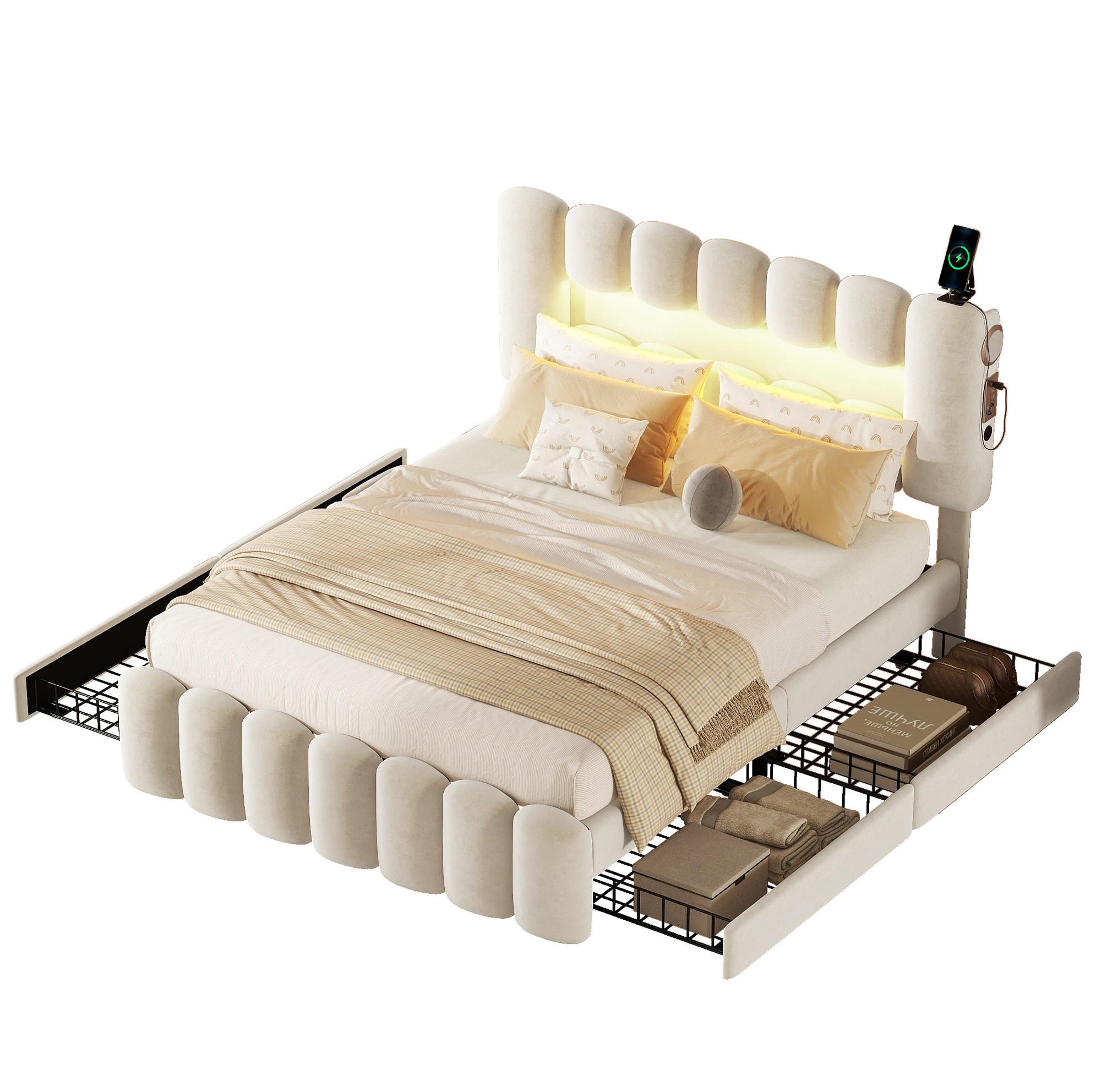 POLSTERBETT mit 4 Schubladen 160x200 cm Samt Beige mit LED, USB und Lautsprechern - Beige, Metall (160/200cm) - Meubliv