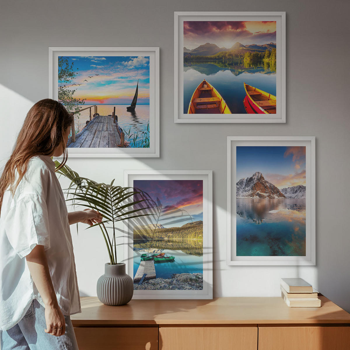 WANDBILDER 4er-Set - 50x50 cm & 40x60 cm Weißer Rahmen - Seen- und Berglandschaft Łódź - Weiß, Kunststoff (50/50cm) - ArtPrintCave