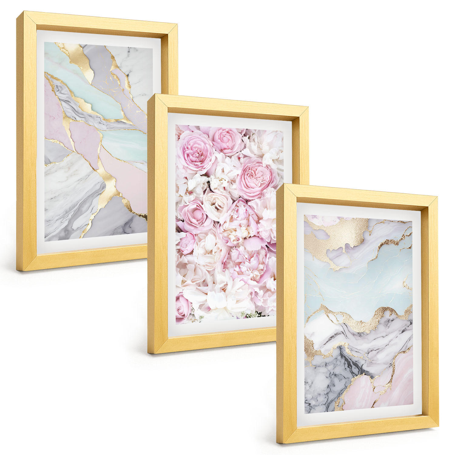 BILDER SET 3er Set - 20x30 cm Goldrahmen - Rosa Blumen Marmor Pastell - Goldfarben, Kunststoff (20/30cm) - TULUP