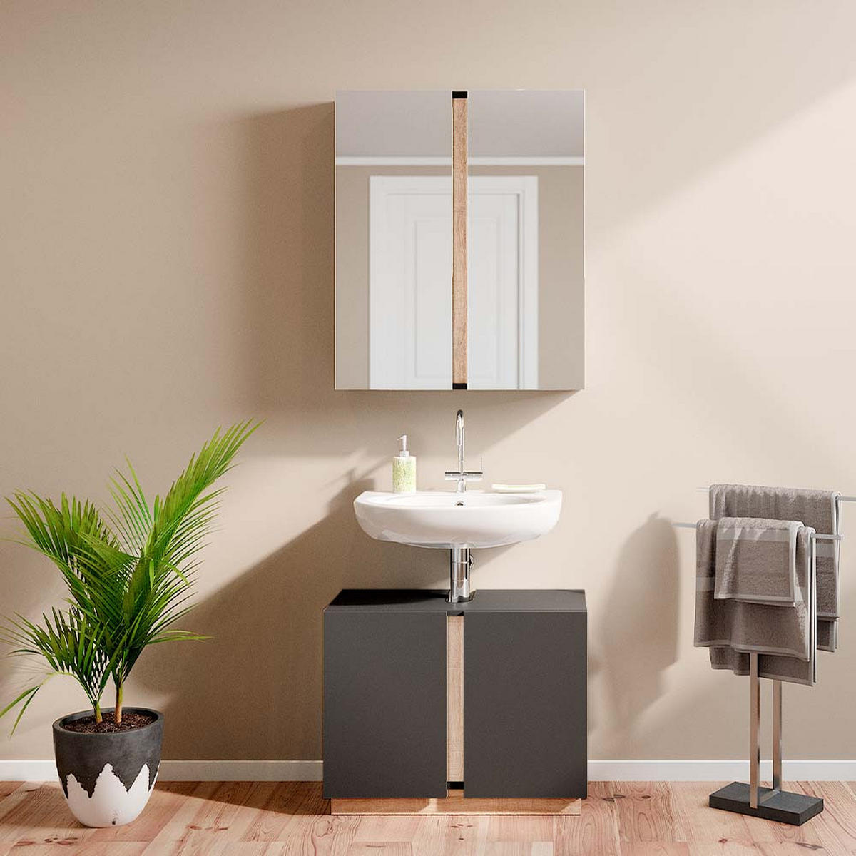 BADMÖBEL-SET Gloria Anthrazit 2 Teile - Anthrazit/Sonoma Eiche, Holzwerkstoff (70/55/34cm) - Vicco