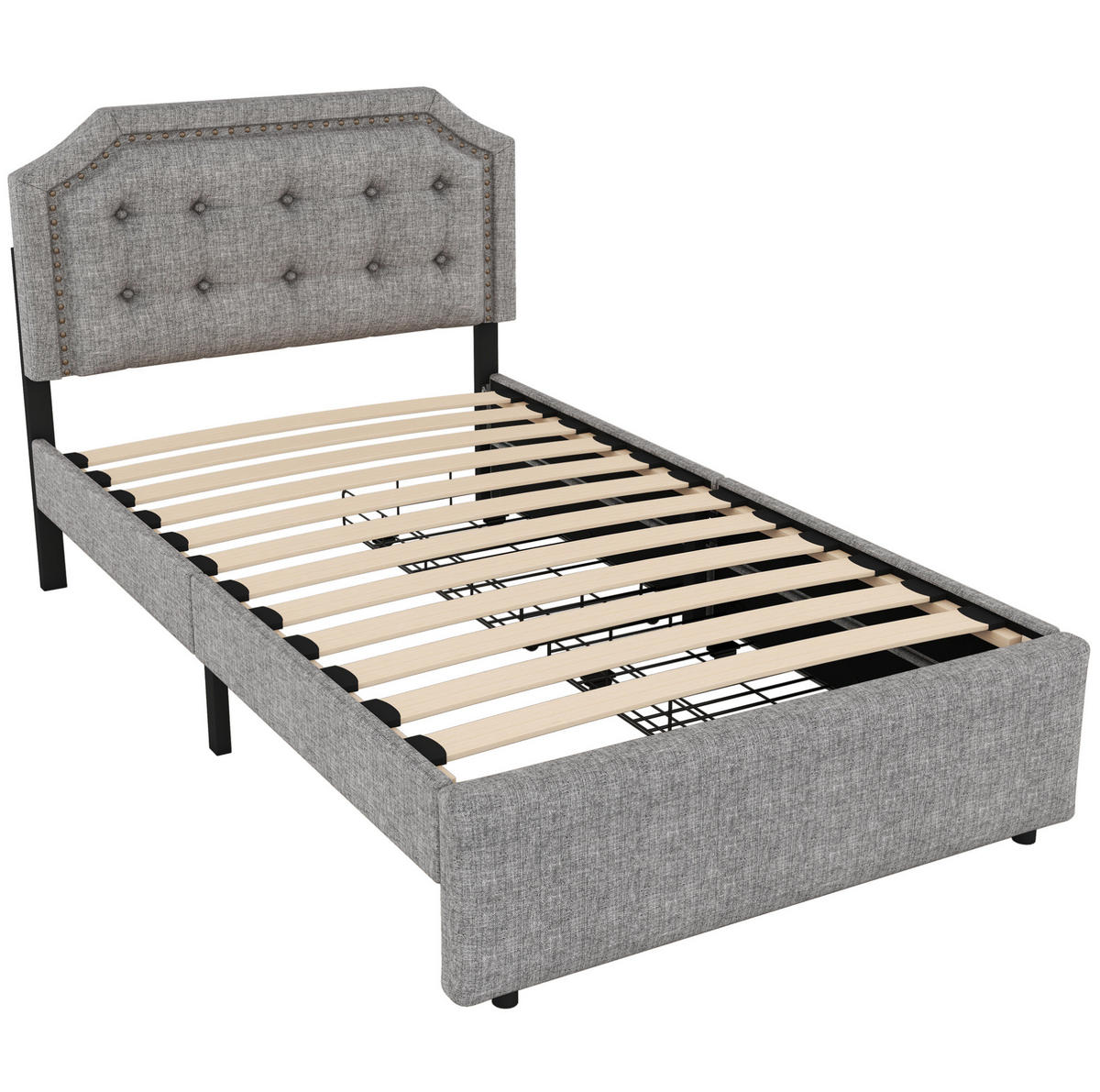 POLSTERBETT 90/200 cm grau mit Aufbewahrung und verstellbarem Nachttisch - Grau, Textil (90/200cm) - OKWISH