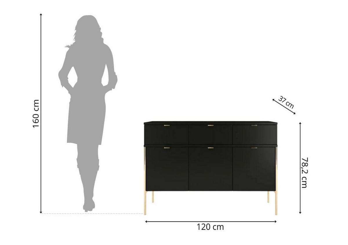 SIDEBOARD Polka, Schwarz, Goldene Details - Goldfarben/Schwarz, Holzwerkstoff/Metall (120/78/37cm) - Skandica