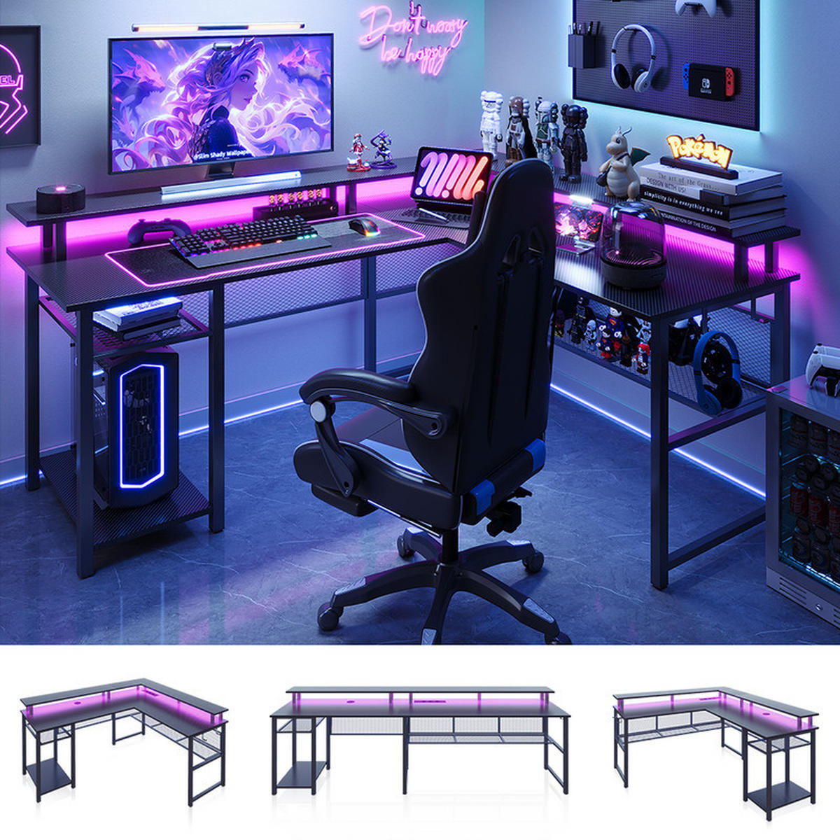 GAMINGTISCH L-förmig, 140 x 120 x 75 cm, Eck-Computertisch mit Stauraum, Monitorständer, 2 USB-Ladegerät, 3 Steckdosen, LED - Schwarz, Metall (140/48/75cm)