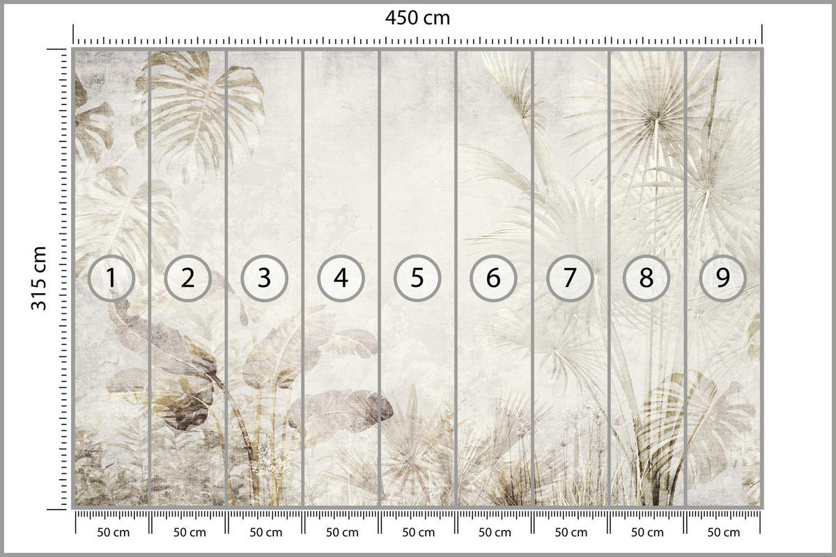 FOTOTAPETE für Wohnzimmer Tropisch Vintage Palmenblätter Beton 450x315 - Beige/Creme, Papier (450/315cm) - Muralo