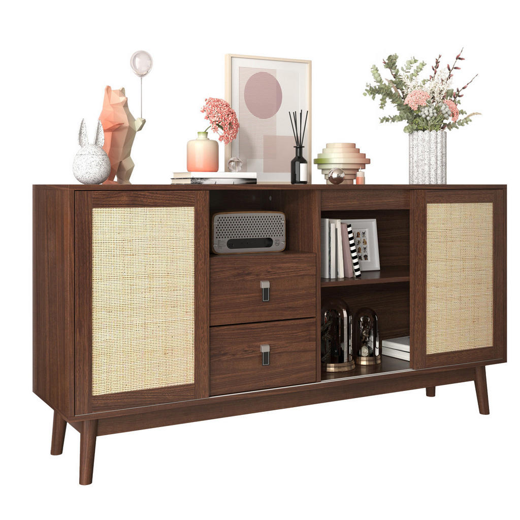 Modfu PŘÍBORNÍK z MDF a dřevotřísky 155x38x80 cm tmavé dřevo se 3 posuvnými ratanovými dvířky a 2 zásuvkami