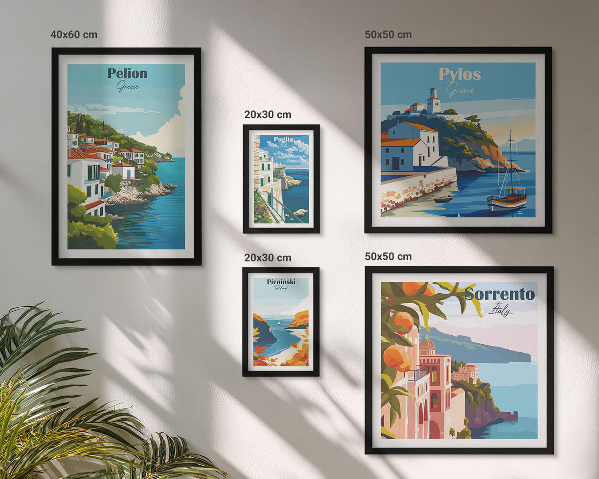 WANDBILDER 5er-Set - 50x50 cm & 20x30 cm & 40x60 cm Schwarzer Rahmen - Farbenfrohe Illustrationen von Retro-Städten - Schwarz, Kunststoff (40/60cm) - ArtPrintCave