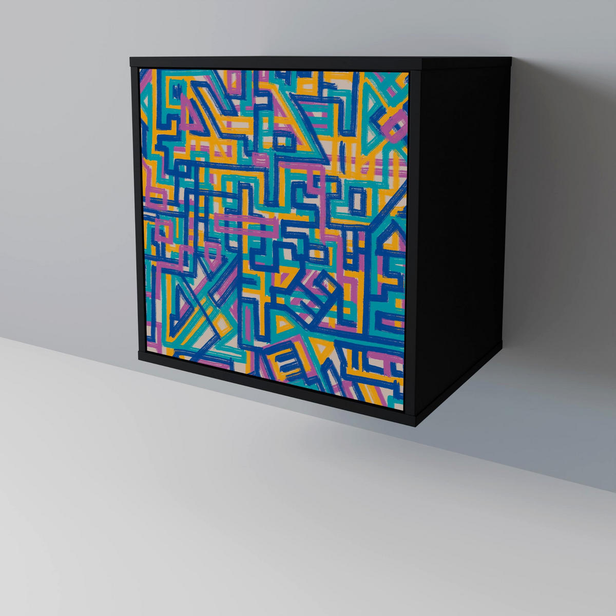 SIDEBOARD MEMORIES MAP, Schwarz, 57,5x42x67,5 cm, Schwarze Metall-Rahmenfüße - Multicolor/Schwarz, Holzwerkstoff/Metall (57.5/67.5/42cm) - SpaceRebels