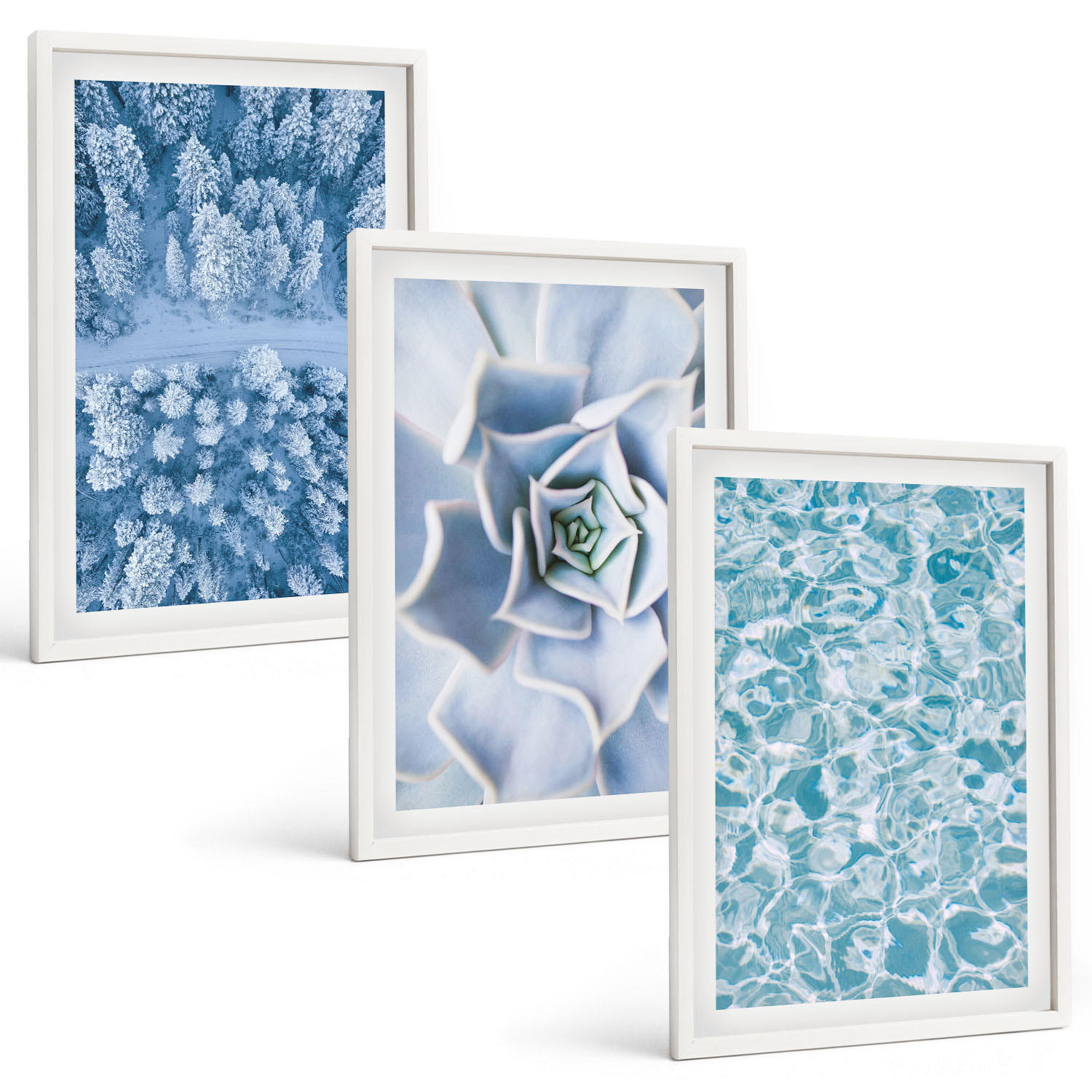 BILDER SET 3er Set - 40x60 cm Weißer Rahmen - Winterwald blaue Blume Wasser - Weiß, Kunststoff (40/60cm) - TULUP