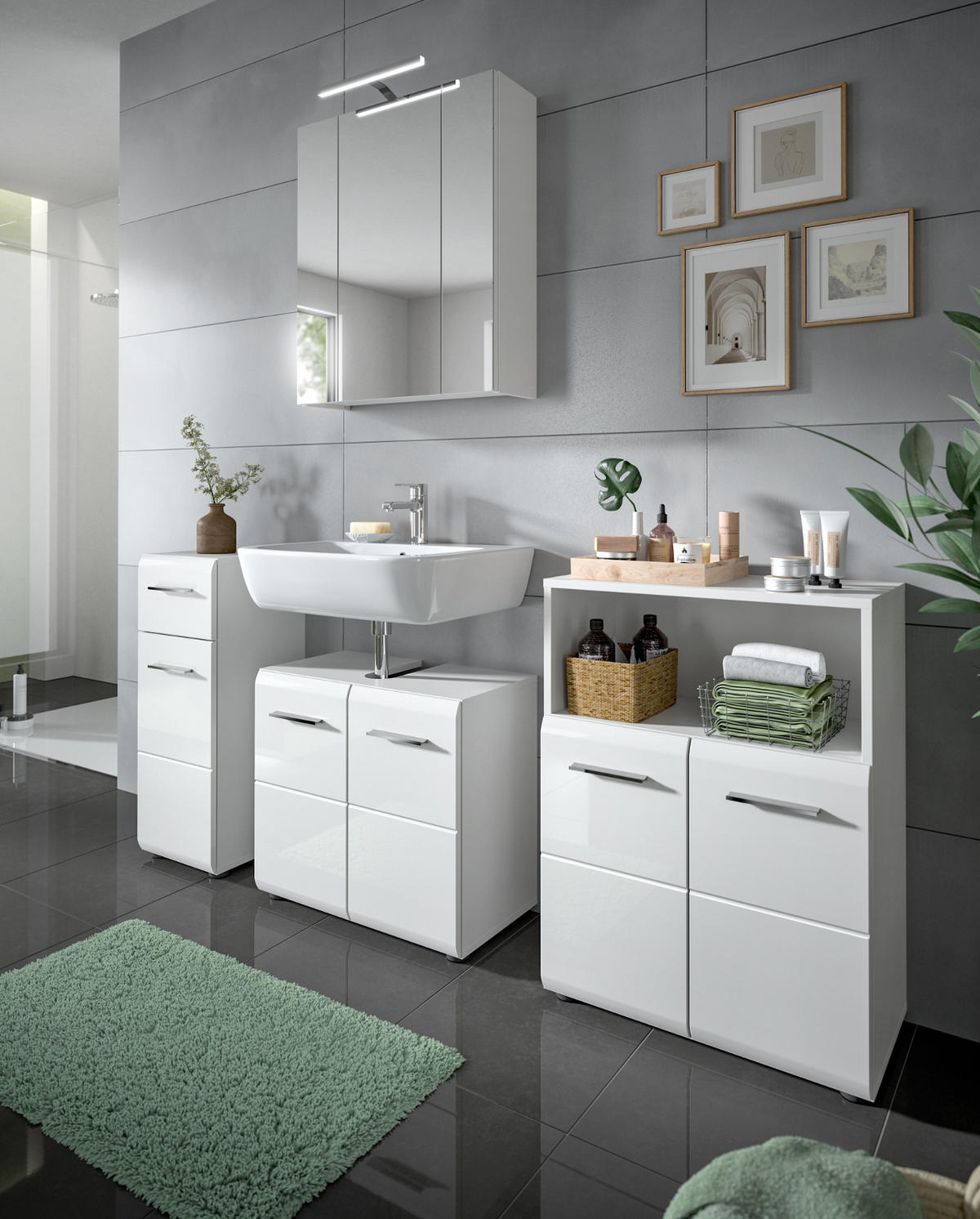 WASCHBECKENUNTERSCHRANK weiß Hochglanz, Badezimmer Unterschrank 60 cm - Weiß Hochglanz/Silberfarben, Holzwerkstoff/Kunststoff (60/54/30cm) - Inn.Furn