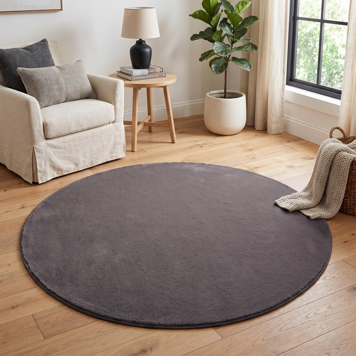 KURZFLORTEPPICH LUMI rund dunkelgrau kuschelweich waschbar 100/100 cm - Dunkelgrau, Textil (100/100cm) - Tapiso