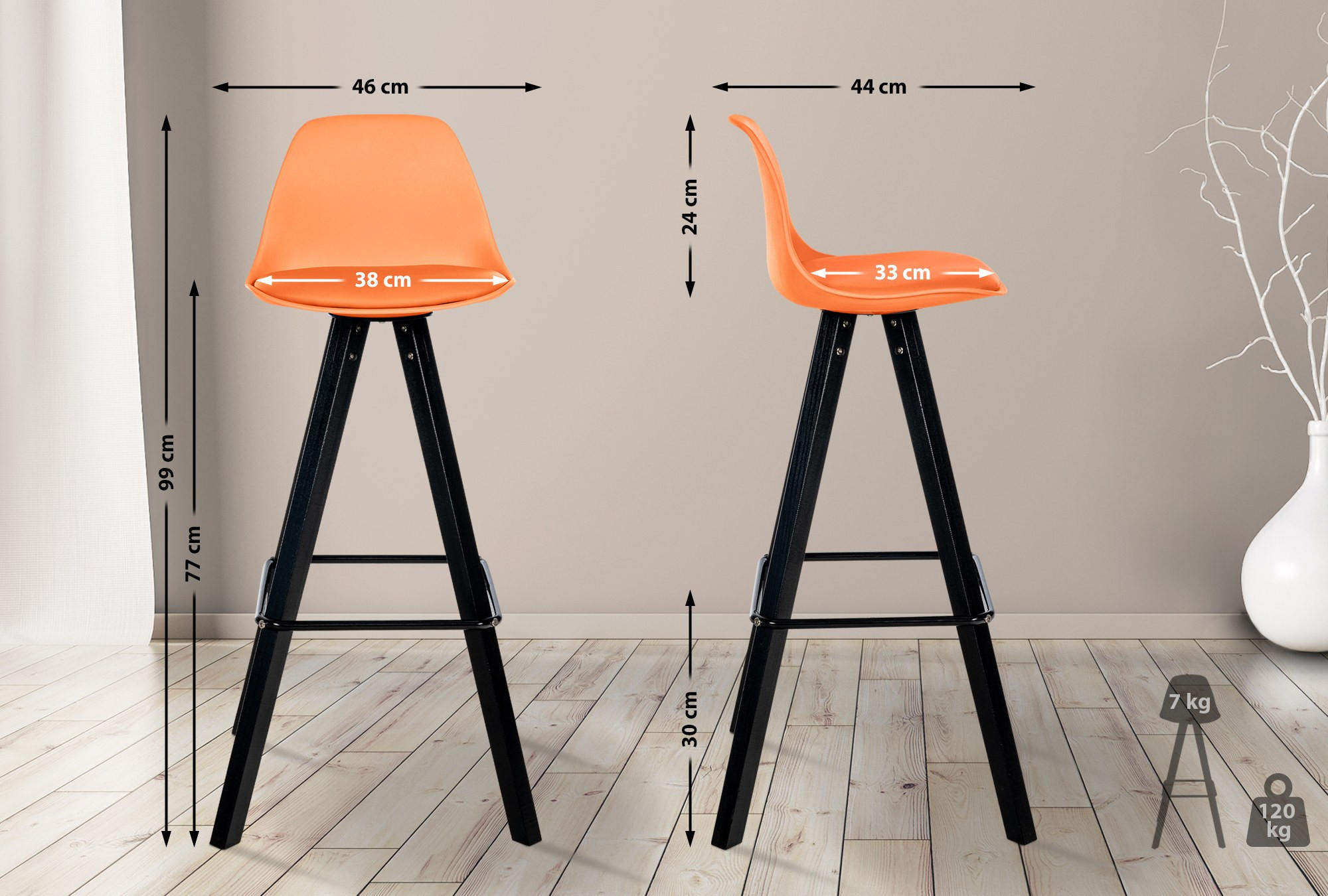 BARHOCKER PALMA Orange Kunstleder Schwarz - Orange, Leder/Holz (38/99/44cm) - DELUKE