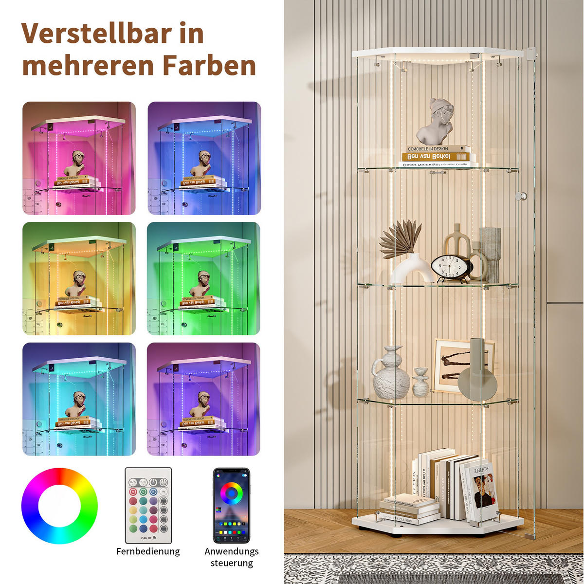 VITRINE mit RGB LED Beleuchtung - Eckvitrine mit 4 Ebenen und 1 Glastür - Glaskvitrine mit Schloss - Weiß - Weiß, Glas (60/162/42.5cm) - DELFA