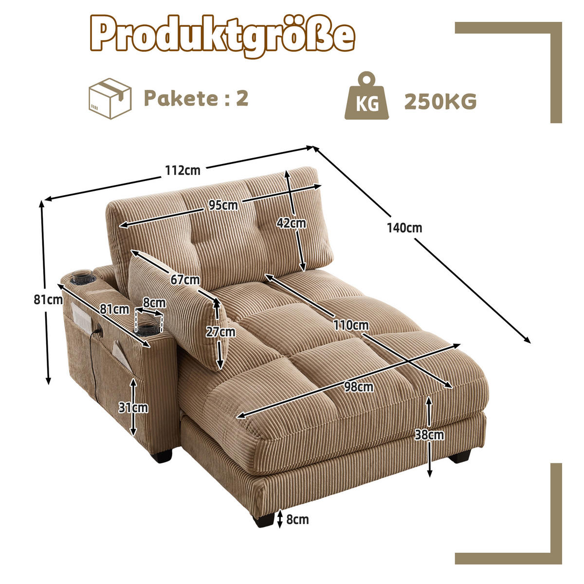RÉCAMIERE Cord Khaki mit USB, Becherhaltern und Seitentasche - Hellbraun, Holzwerkstoff/Kunststoff (140/81/121cm) - WISHDOR