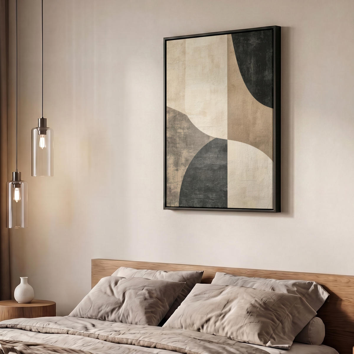 LEINWAND Bilder mit Rahmen - Abstrakt - Flugzeuge - Schwarz - Rund - 60x80 - Beige, Textil (60/80cm) - MuchoWow