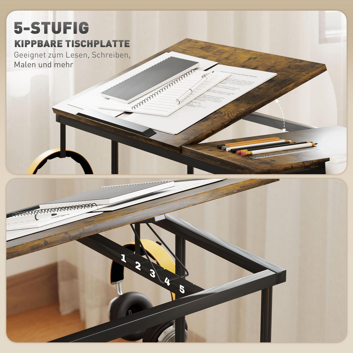HÖHENVERSTELLBAR SCHREIBTISCH 92 x 40 cm, mit Rollen, Braun - Braun, Metall (40/92/104cm) - HOMCOM