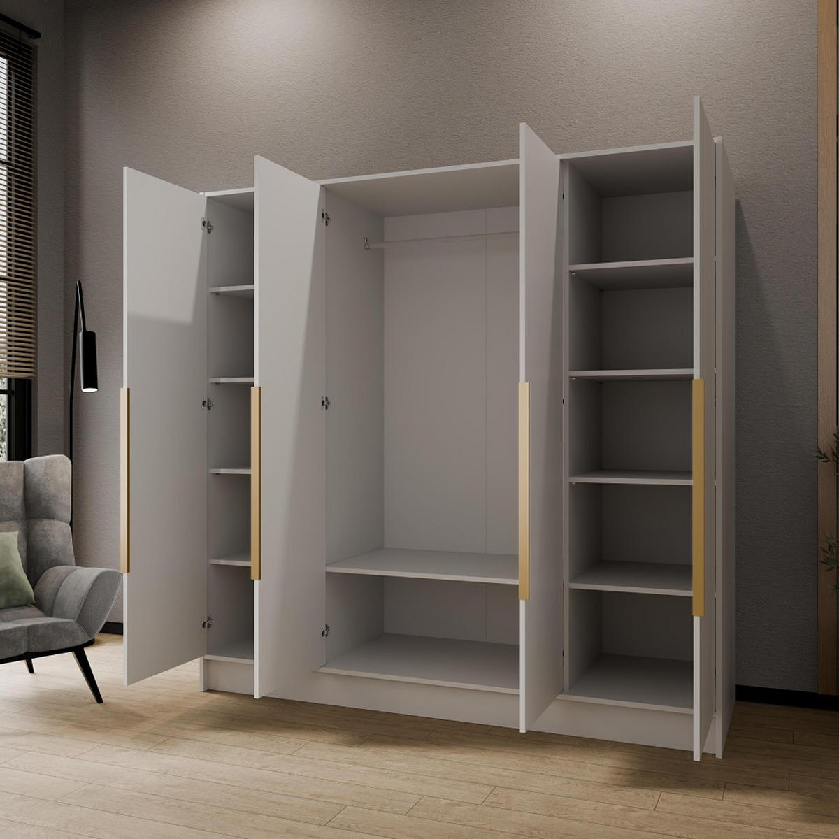 DREHTÜRENSCHRANK Pavia ohne Spiegel, Weiß mit mit goldenen Griffen, 200 cm - Goldfarben/Weiß, Holzwerkstoff (200/200/51cm) - Beautysofa