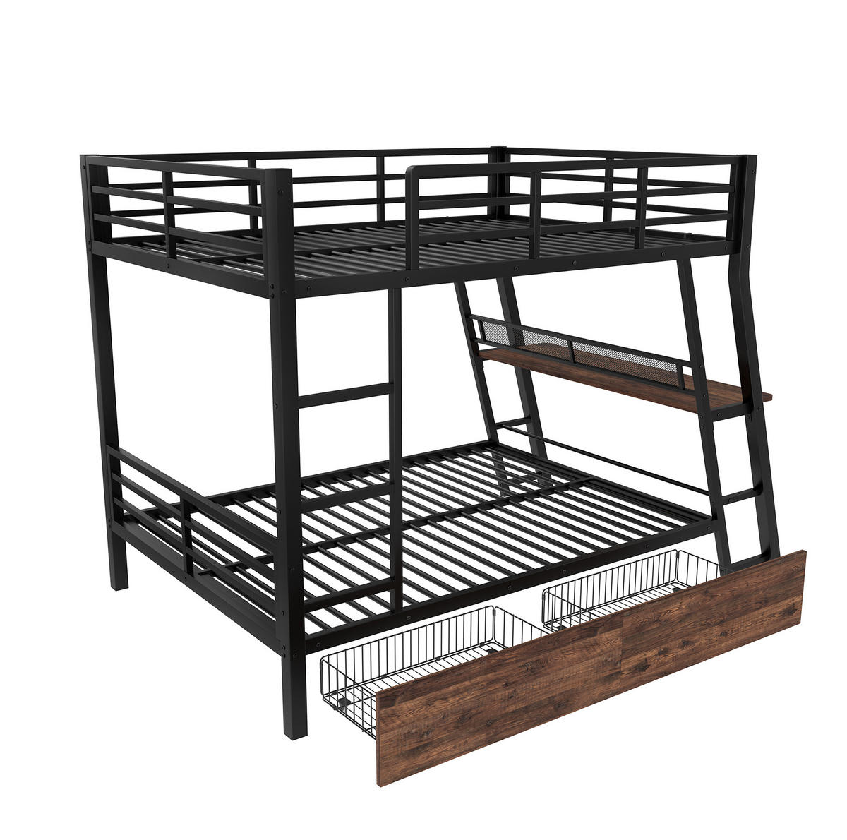 HOCHBETT aus Metall und MDF 140x200 cm Schwarz mit LED-Leiste, Schubladen, Treppe und Schreibtisch - Schwarz, Metall (140/200cm) - Modfu