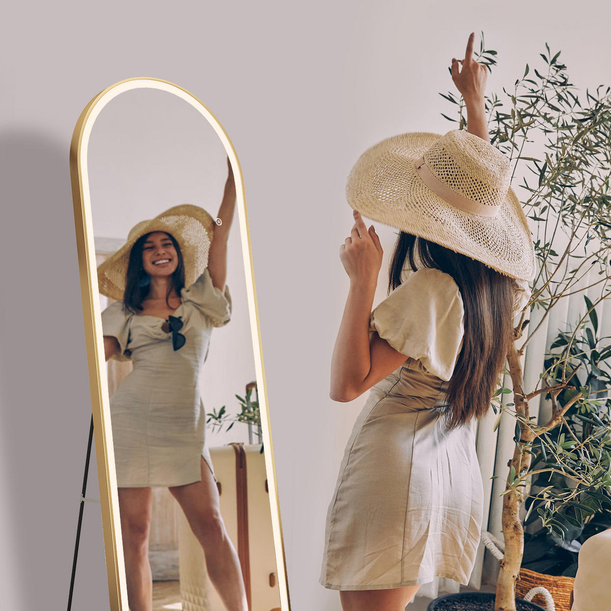 STANDSPIEGEL mit Beleuchtung und Rahmen Gold 160/60 cm - Goldfarben, Glas/Metall (60/160/160cm) - EMKE
