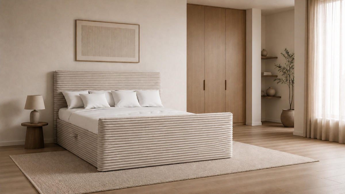 BOXBETT Mit Bettkasten Und Topper TRENTO Stoff Plüsch Cord 160x200 cm Ecru H3-Bonell - Ecru, Holz/Textil (160/200cm) - Kaiser Möbel