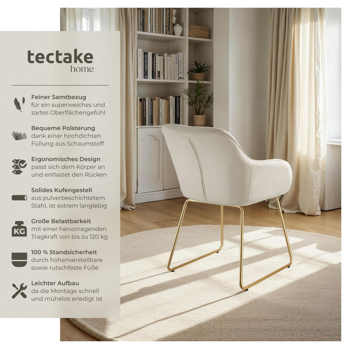 ESSZIMMERSTUHL Jeane,57 x 61 x 85,5 cm, Belastbarkeit 120 kg,Samtoptik creme/gold - Goldfarben/Samtahornfarben, Kunststoff (57/85.5/61cm) - tectake