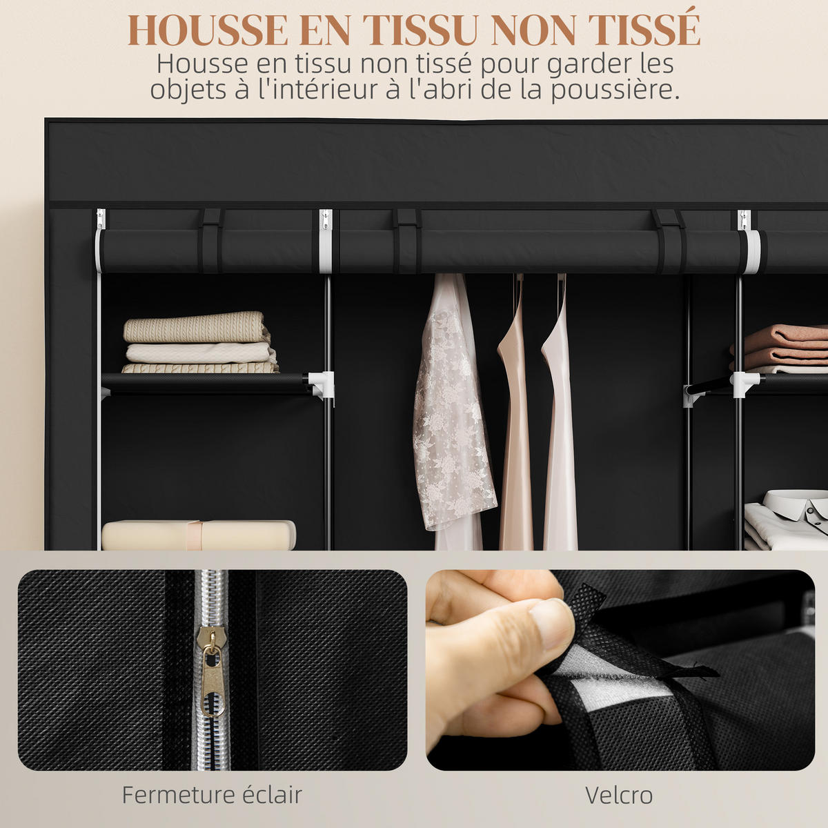 STOFFSCHRANK DE-17189 - Schwarz, Textil (43/162.5/150cm) - ComfortXL