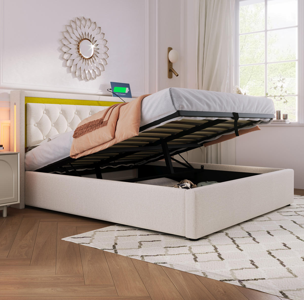 POLSTERBETT 160/200 cm Beige mit Bettkasten und USB-Ladefunktion mit Matratze - Beige, Textil (160/200cm) - OKWISH