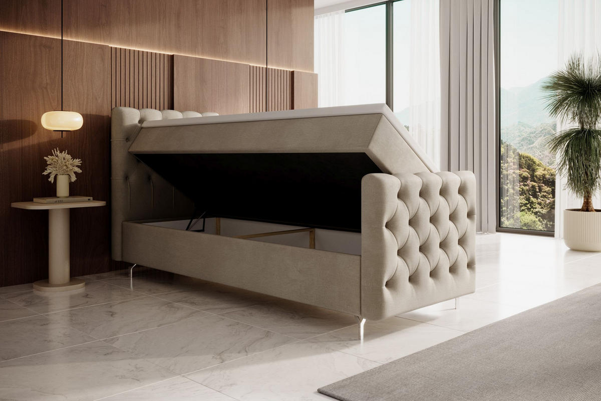 BOXBETT CHESTER PLUS mit Matratze H3, Bonell und Topper 80x200 Monolith 97 Rechts - Dunkelgrau, Textil (80/200cm) - Bedante