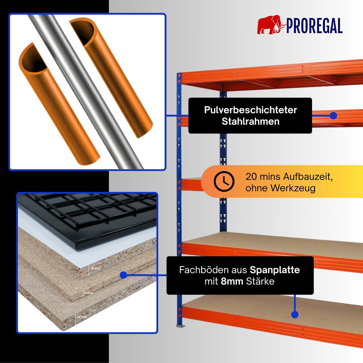 SCHWERLASTREGAL Rhino 180x200x60 cm 5 Spanplatten-Ebenen 8mm Fachlast 500 kg Blau/Orange - Blau/Orange, Metall (200/180/60cm) - PROREGAL