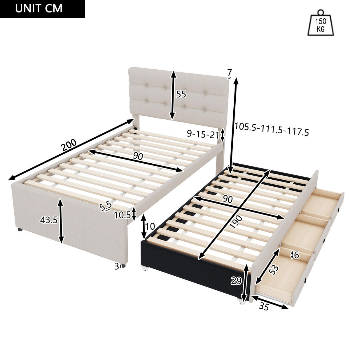 POLSTERBETT 90/200 cm mit Ausziehbett und 3 Schubladen, gepolstertes Kopfteil - Beige, Textil (90/200cm) - BEAOK