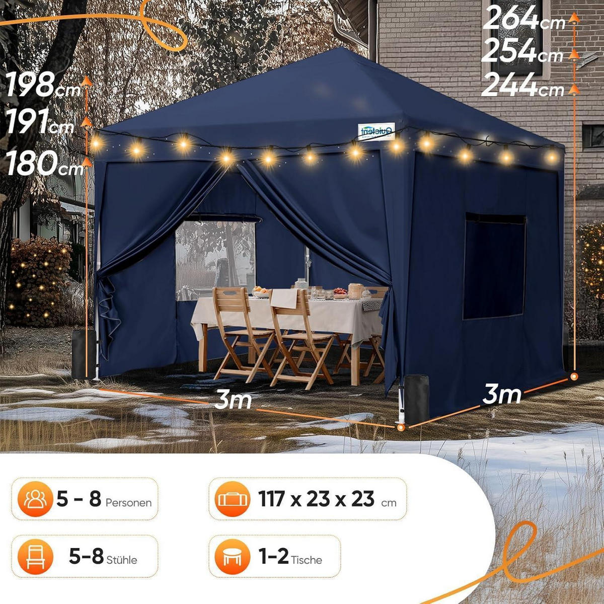 FALTPAVILLON 3x3 m mit 4 Seitenteilen Blau - Dunkelblau, Textil (300/265/300cm)
