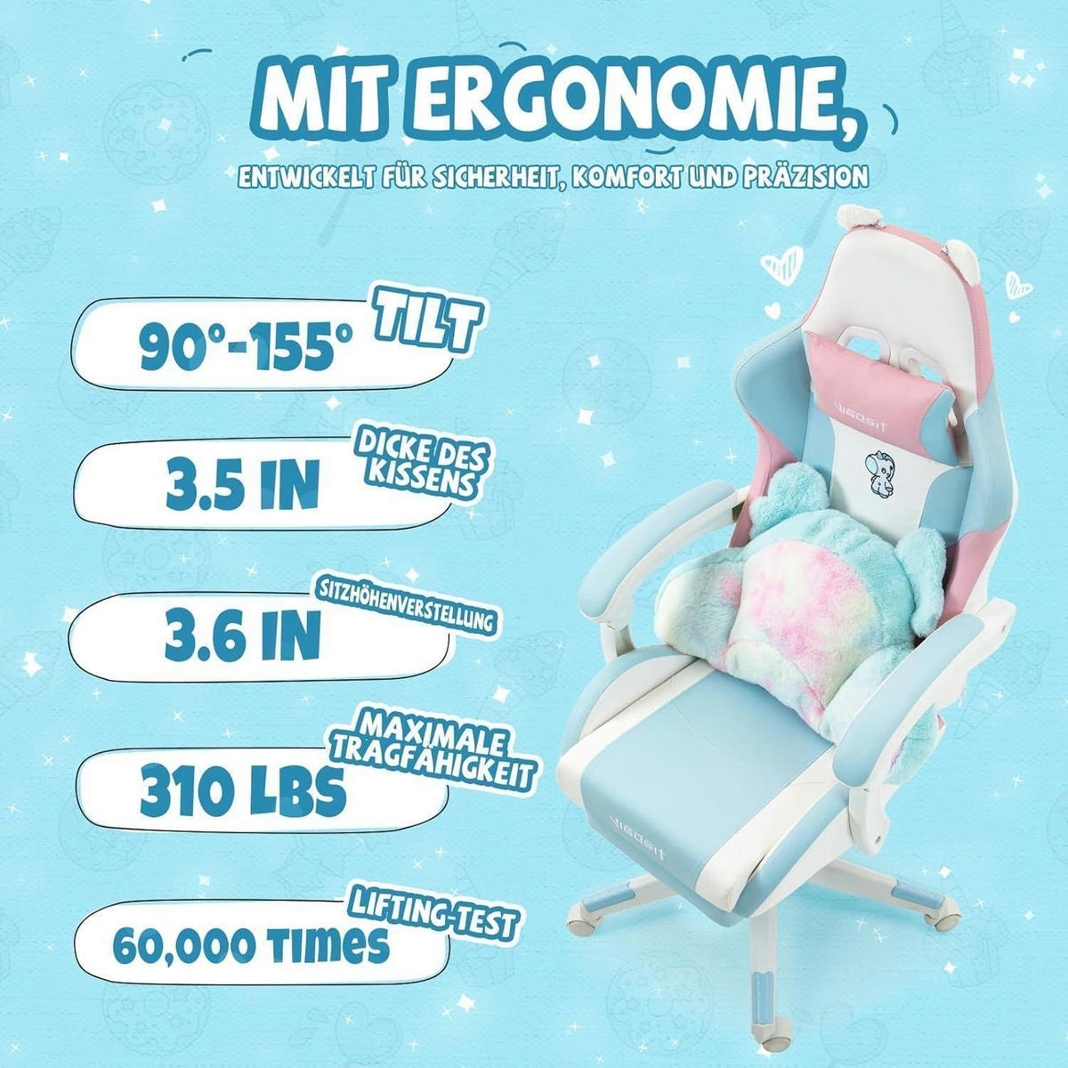 GAMING Stuhl mit Ohren und Kawaii Kissen, ergonomisch, mit Lendenwirbelstütze und Fußstütze, blau-pink - Blau, Textil (59/77/25cm)