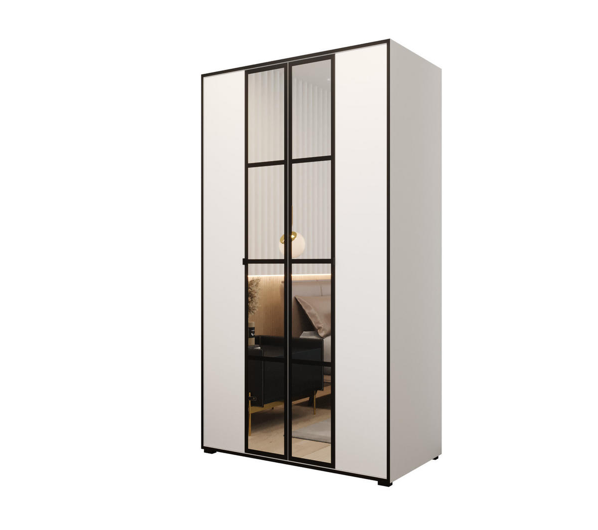 DREHTÜRENSCHRANK MODENA 120, 4-türig Kleiderschrank mit 2 Spiegel, Moderne Garderobe, Schrank in Größe: 120 x 206 x 65 cm - Schwarz/Weiß, Holzwerkstoff (120/206/65cm) - O-Sofa