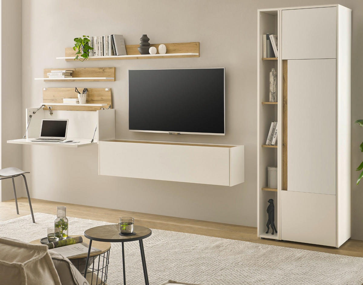 WOHNWAND weiß, Eiche Wotan 6-teilig 340 cm, Wohnkombination mit Sekretär - Eiche Wotan/Schwarz, Holz/Holzwerkstoff (340/200/40cm) - Furn.Design