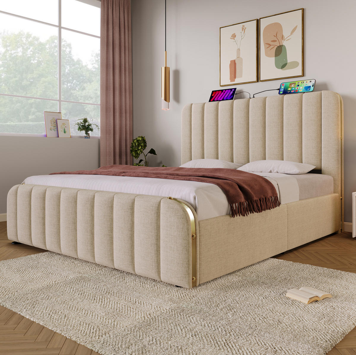 ČALOUNĚNÁ postel, 160/200 cm, béžová lněná, s matrací, 4 zásuvkami a USB/USB-C - béžová, textil (160/200cm) - BEAOK