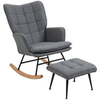 SCHAUKELSTUHL Schwingsessel mit Hocker Armlehnsessel Relaxsessel mit Leinenoptik - Buchefarben/Grau, Holz/Buchenholz (89/90/64cm) - HOMCOM