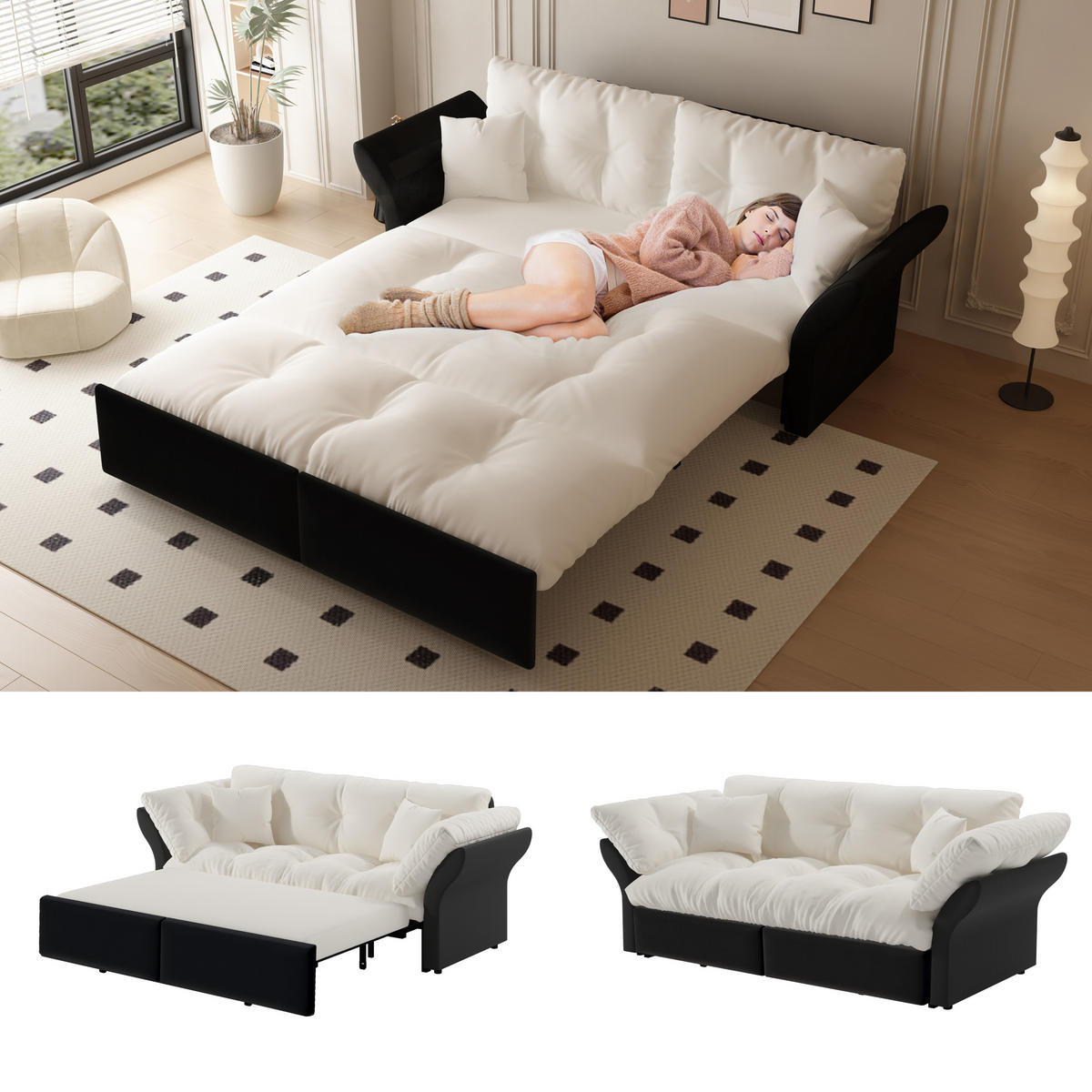SCHLAFSOFA 190/85/91 cm Beige Samt mit Tufting und 2 weichen Kissen - Beige, Textil (190/91/85cm) - Oxeza