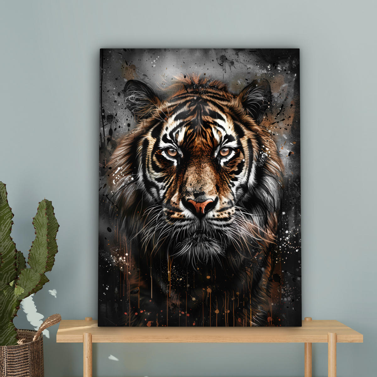 LEINWANDBILD Tiger - Tiere - Porträt - Luxus - Schwarz Wandbild Wohnzimmer 60x80 cm - Anthrazit, Textil (60/80cm) - MuchoWow