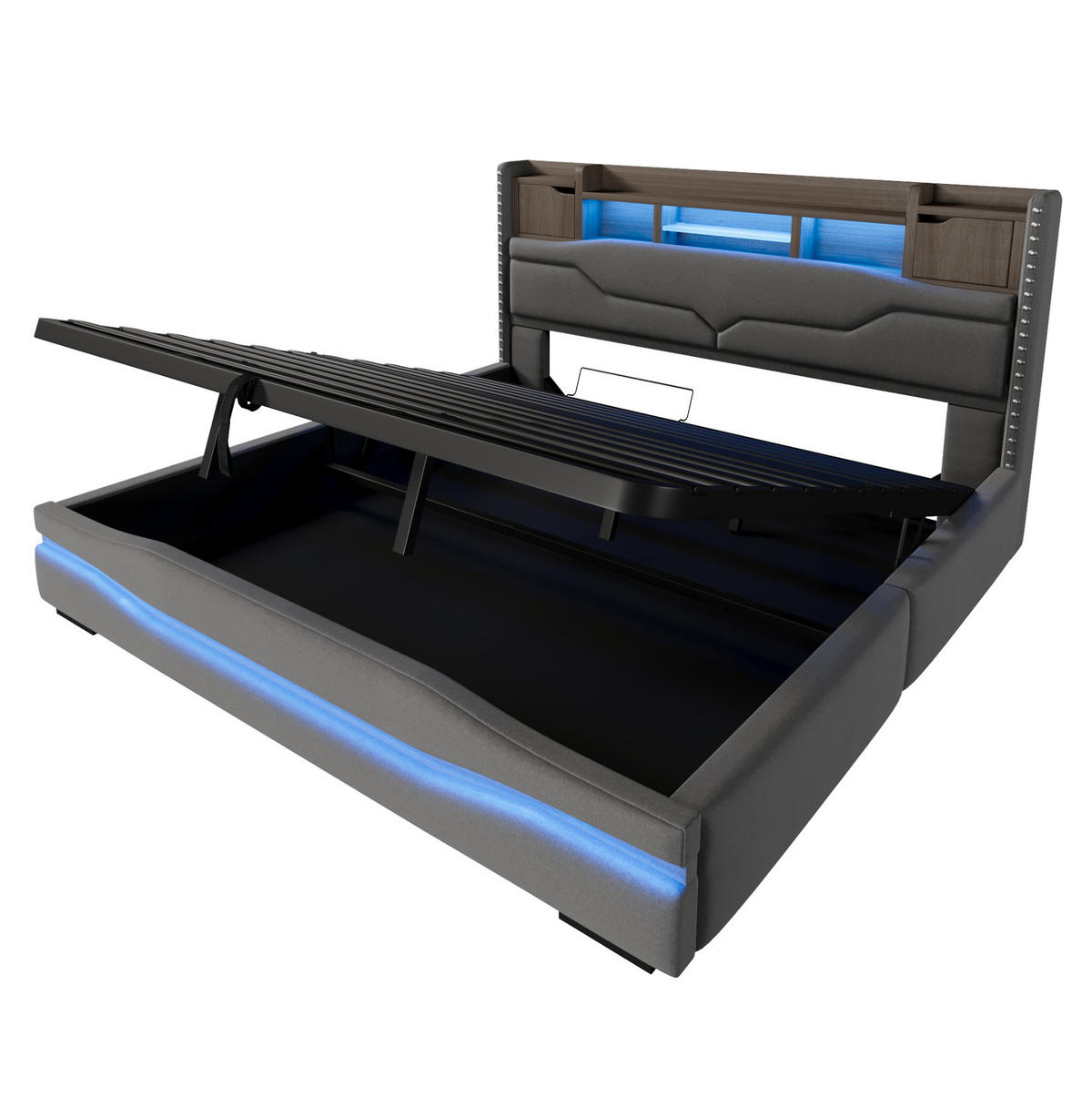POLSTERBETT mit Stauraum und LED 180x200 cm Leinen Grau - Grau, Metall (180/200cm) - Meubliv