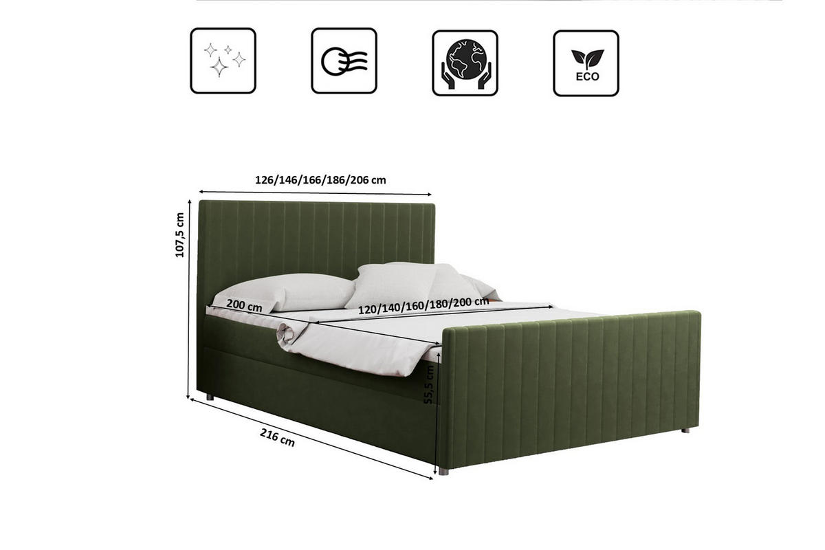 BOXBETT mit Bettkasten Matratze Topper LATINO stoff Velvet 120x200 cm Grün H2-Pocket - Grün, Holz/Holzwerkstoff (120/200cm) - Kaiser Möbel