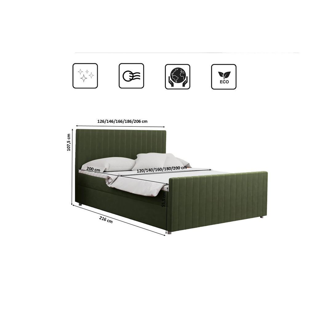 Thumbnail - Kaiser Möbel Boxbett, Grün, Textil, 2 Schubladen, H3, Höhe ca. 20 cm, einzeln stellbar,Rechteckig, 200x200 cm, Schlafzim...