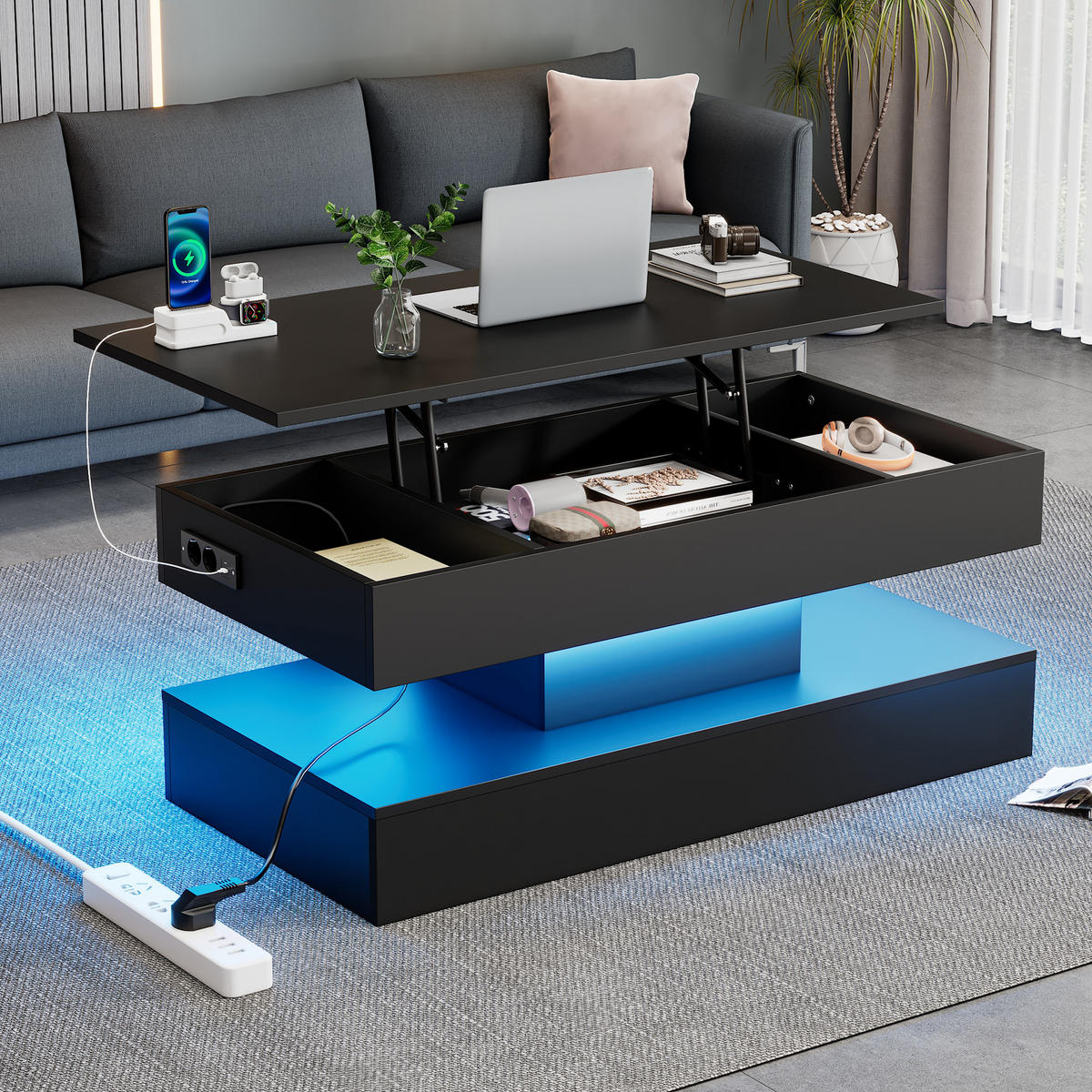 COUCHTISCH höhenverstellbar, Spanplatte schwarz, mit LED-App-Steuerung & Stauraum, 100/50/42 cm,schwarz - Schwarz, Holzwerkstoff (50/100/42cm) - Redom