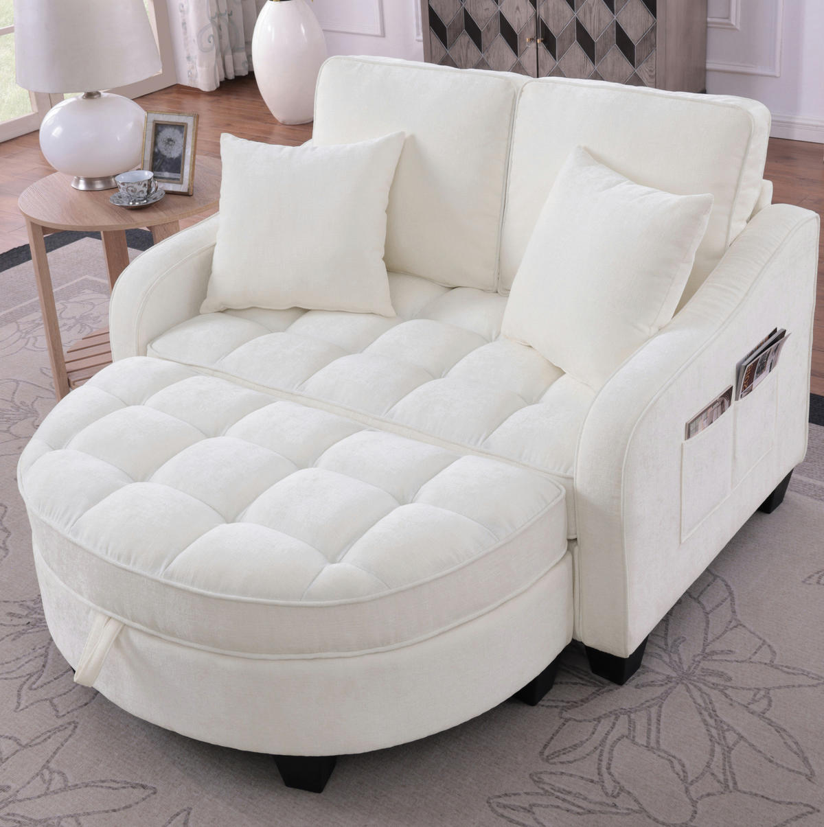 SCHLAFSOFA 132/129/93 cm aus Eukalyptusholz mit Aufbewahrungshocker Beige - Beige, Holz (129/93/132cm) - Modenvie