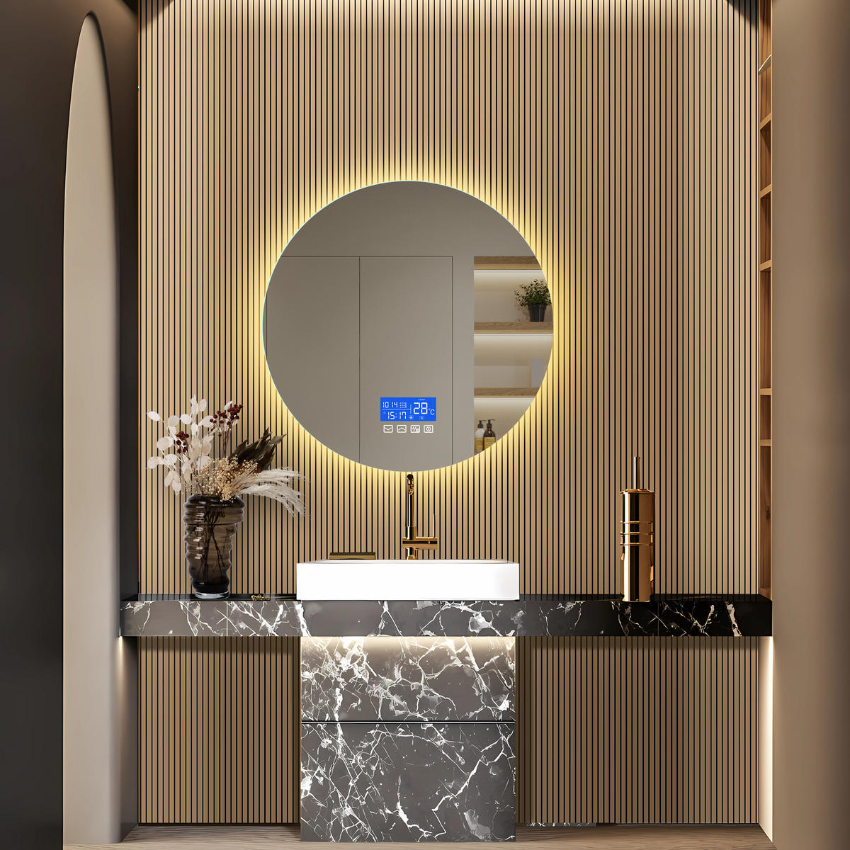 BADEZIMMERSPIEGEL mit LED, Rund 60 cm, Anti-Beschlag, Temperaturanzeige und 3 Anpassbare Helligkeit - Transparent, Glas (60/4/60cm)