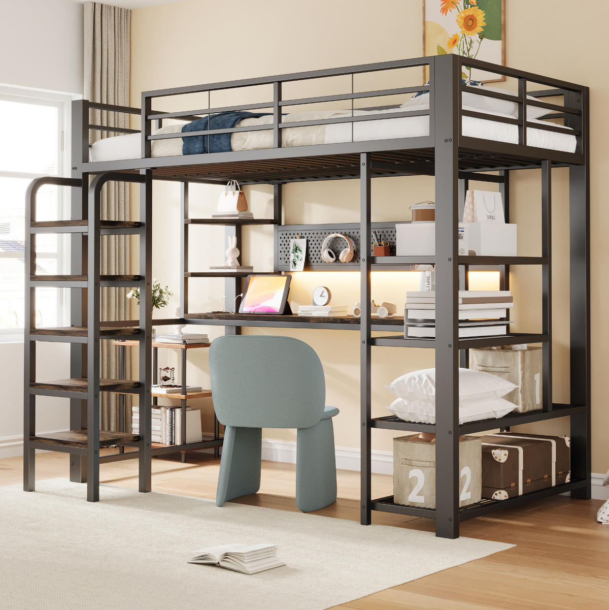 HOCHBETT 90/200 cm aus Metall und Holz mit LED-Beleuchtung und Schreibtisch Schwarz - Schwarz, Metall (90/200cm) - Modenvie