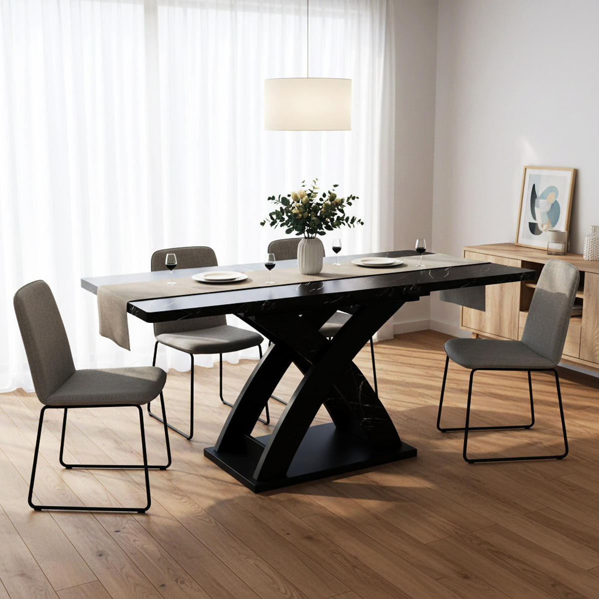 ROZKLADACÍ JEDÁLENSKÝ STÔL – čierny MDF s funkciou rozťahovania a základňou v tvare X - Eiche San Remo, Holzwerkstoff/Metall (80/120/75cm) - Urban Meuble