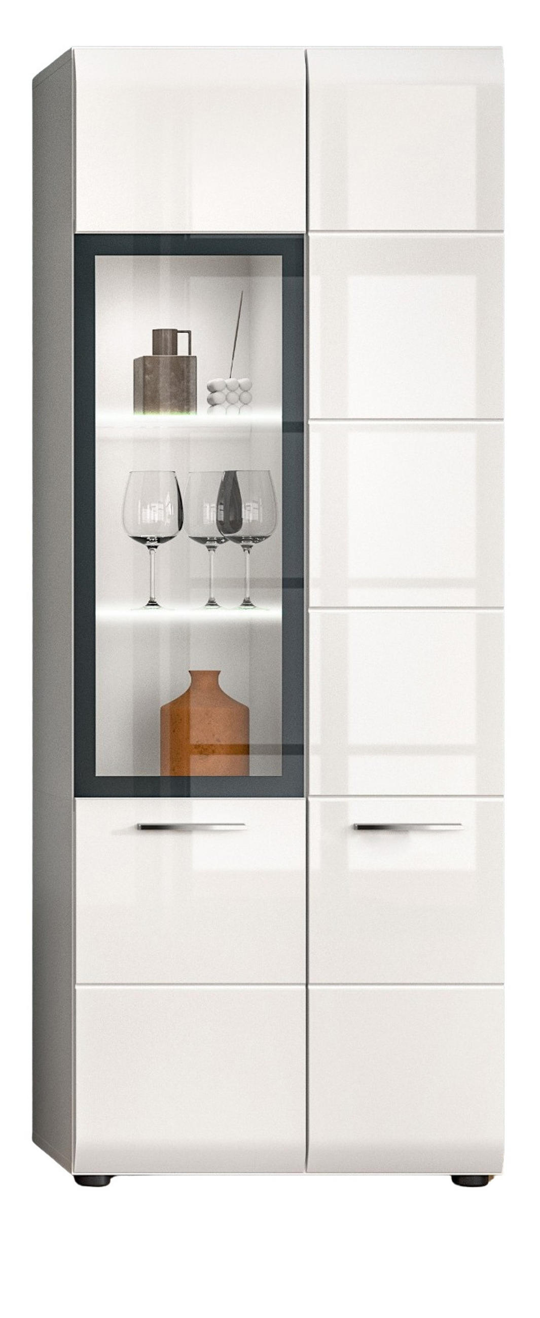 VITRINE weiß Hochglanz 60 x 160 cm, Vitrinenschrank mit 10 Fächern - Weiß Hochglanz/Silberfarben, Glas/Holzwerkstoff (60/160/34cm) - Inn.Furn