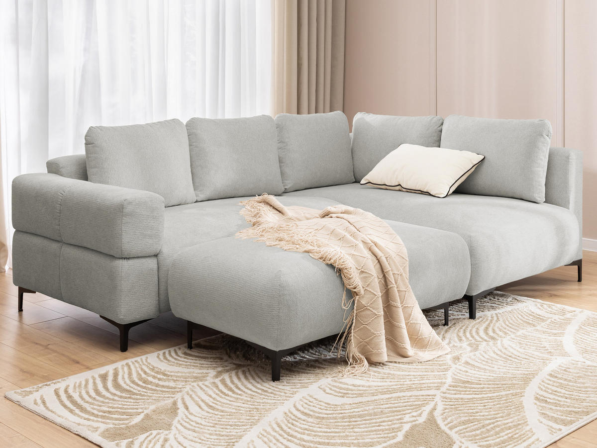 ECKSOFA inkl. Hocker Cardea mit Schlaffunktion in Bubble-Optik aus weichem Hellgrau Strukturstoff und hohem Sitzkomfort - Ottomane rechts - Hellgrau/Schwarz, Holz/Textil (230/170cm) - S-Style Möbel