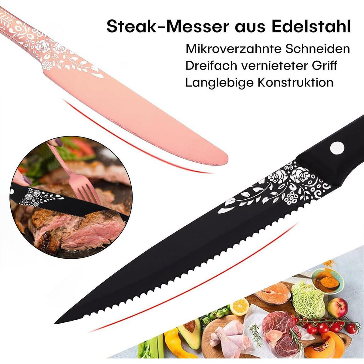 BESTECKSET 36-teilig Roségold für 6 Personen mit Blumenmuster - Rot, Metall